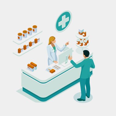 İyometrik Eczane Mağaza ve Doktor eczacı ve hasta. Kadın eczacı eczanede reçeteli kontrol ilaçları tutuyor. Sağlık kavramı.