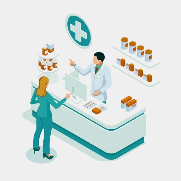 Isometric Pharmacy Store et Docteur pharmacien et patient. Une pharmacienne qui contrôle les médicaments en pharmacie. Concept de soins de santé . — Image vectorielle