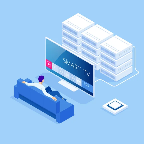 Isometrisch concept van Smart TV-interface. Een smartphone is een afstandsbediening voor een Smart TV. interface voor smartphone-app. digitale multimedia entertainment en media televisieomroep Internet — Stockvector