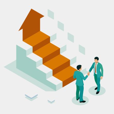 Başarıya merdiven. Isometrik Başarılı iş işbirliği. İşadamları el sıkışıyor. B2b. İş zekası analitiği için veri ve temel performans göstergeleri