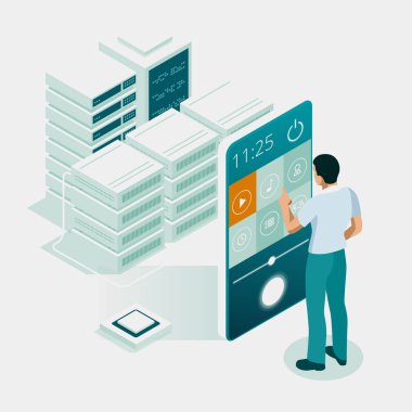 Smart Tv arayüzünin biyometrik konsepti. Akıllı telefon, akıllı tv için bir uzaktan kumandadır. Akıllı Telefon için Arayüz uygulaması. Dijital multimedya eğlence ve internet yayını medya televizyonu