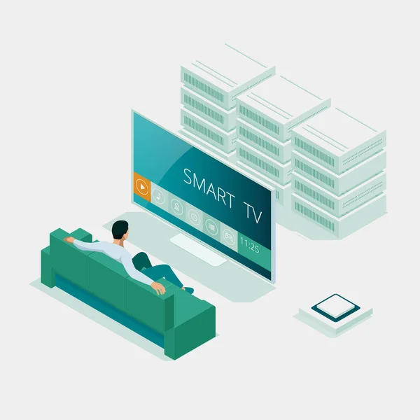 Ізометрична концепція інтерфейсу Smart TV. Смартфон це пульт для смарт-телевізора. Інтерфейс програми для смартфона. Цифрові мультимедійні розваги та медіа телебачення Інтернет — стоковий вектор