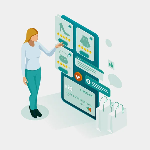 Online-Shopping, Verkauf, Konsum und Online-Shop. isometrische Smartphone-Online-Einkaufsvorlage. Mobiles Marketing und E-Commerce. — Stockvektor