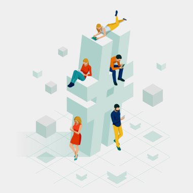 İzometrik sosyal ağ hashtag veya hashtag bloglama, Sosyal medya pazarlama reklam kavramı için hashtag kavramı. Mesaj göndermek ve paylaşmak için mobil tablet ve akıllı telefon kullanan gençler