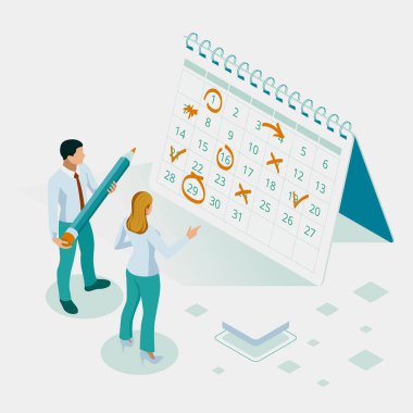 İzometrik haftalık program ve takvim planlayıcısı organizasyon yönetimi. Çevrimiçi iş akışı, zaman yönetimi, planlama, görev uygulaması, ekip çalışması ve toplantı.