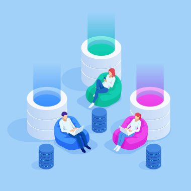 Yaratıcı insanlarla İzometrik Coworking Alanı. Bir grup genç işadamı dizüstü bilgisayar, tablet, akıllı telefon, dizüstü bilgisayar ile birlikte çalışıyor. Birlikte çalışmada başarılı hipster ekibi.