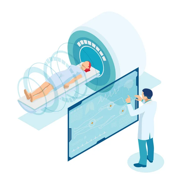 Isometric magnetic resonance therapy . Dctor in white coat is preparing patient for magnetic resonance imaging machine MRI computed tomography at hospital. — Stock Vector