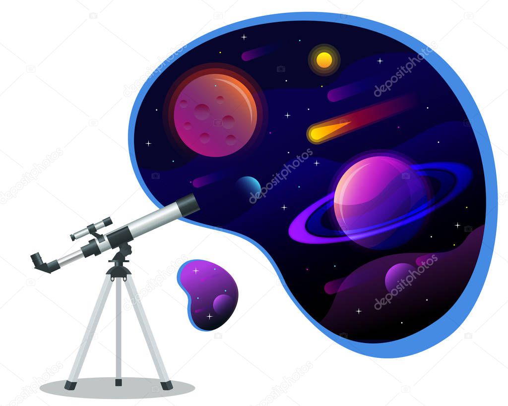 Isometric astronomical observatory dome. Astronomical telescope tube and cosmos. Astronomer looking through telescope on planets, stars and comets. Astronomical telescope tube and cosmos.