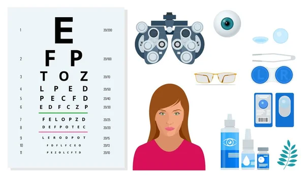 Ensemble plat d'icônes d'ophtalmologie et de soins oculaires. Matériel médical de santé. Vérifiez la vue pour le dioptre de lunettes . — Image vectorielle