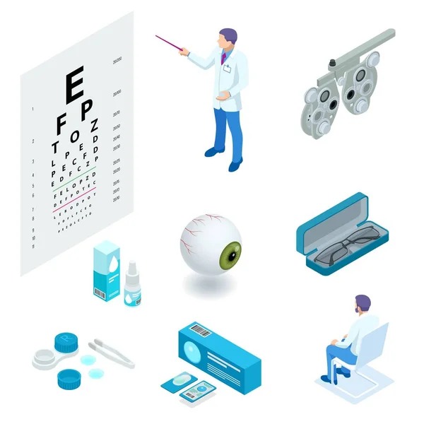 Isometrischer Satz von Symbolen für Augenheilkunde und Augenpflege. medizinische Gesundheitsausrüstung. Sehkraft auf Brillendiopter prüfen. — Stockvektor