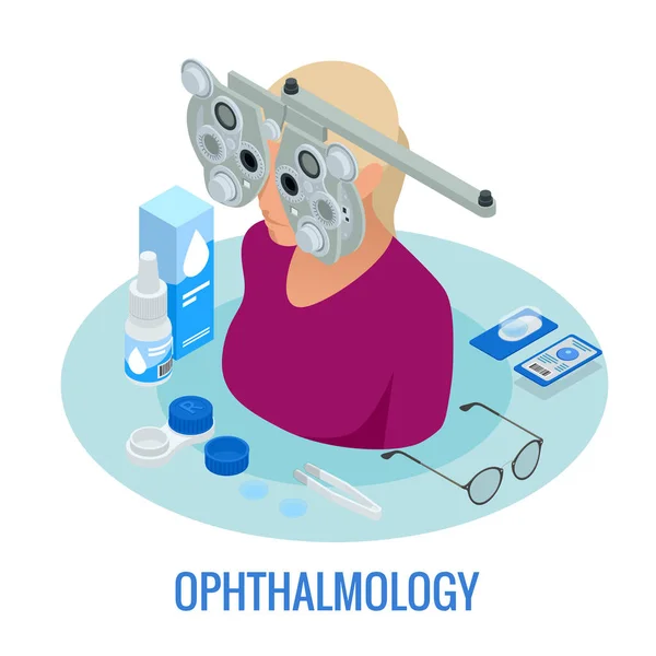 Optométriste isométrique examinant une femme avec un cadre d'essai dans une clinique d'ophtalmologie. Clinique moderne d'ophtalmologie légère. Matériel médical de santé. Vérifiez la vue pour le dioptre de lunettes . — Image vectorielle