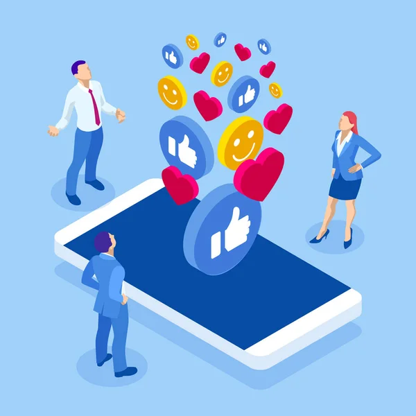 Isometrische sociale media en sociaal netwerkconcept met smartphone, marketing concept. — Stockvector