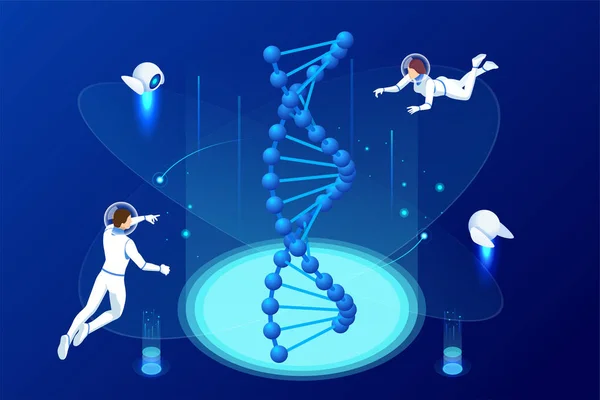 Isometrisk DNA-struktur i rymden. Astronaphs arbetar med DNA-konceptet. Wireframe DNA-molekyler struktur Digital blå bakgrund. Innovation, medicin och teknik. — Stock vektor
