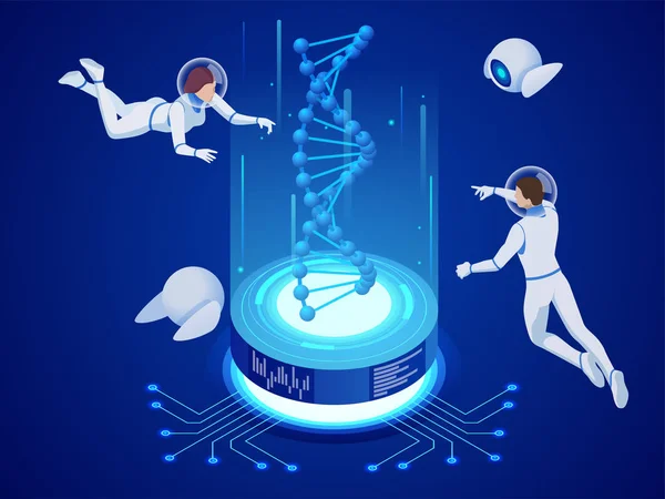 Estructura isométrica del ADN en el espacio. Los astronautas trabajan en el concepto de ADN. Estructura de moléculas de ADN Wireframe Fondo azul digital. Innovación, medicina y tecnología . — Vector de stock