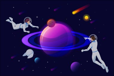 Uzay yürüyüşünde biyometrik astronotlar ve robotlar. Kozmik ve bilim kavramı. Evrendeki galaksiler. Uzay giysili insanlar.