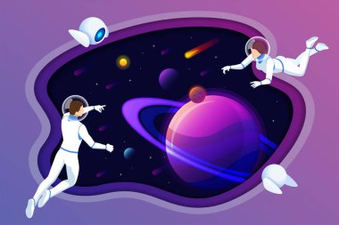 Isometric Astronauts and robots at spacewalk. Cosmic and science concept. Galaxies in the universe. People in spacesuits. clipart