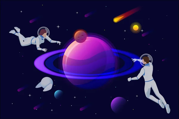 Isometric Astronauts and robots at spacewalk. Cosmic and science concept. Galaxies in the universe. People in spacesuits. — Stockvector