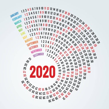 Renkli yuvarlak takvim 2020 tasarım, Baskı Şablonu, Logo ve Metin. Portre Yönlendirmesi. 12 Aylık 2020 Takvimi.
