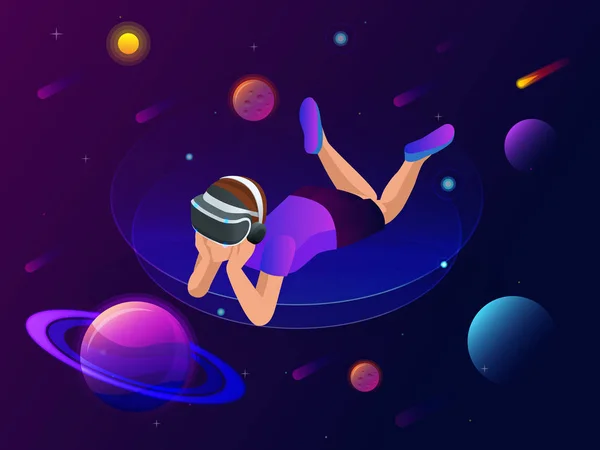 Isometrisk virtuell verklighet koncept. En pojke i Virtual Reality glasögon tittar på planeter, kometer och stjärnor, utforskning av rymden. — Stock vektor
