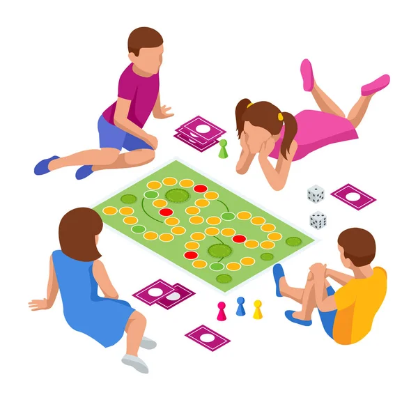 Isometrische Gruppe kreativer Freunde, die auf dem Teppich sitzen. Kinder haben Spaß beim Brettspiel. — Stockvektor