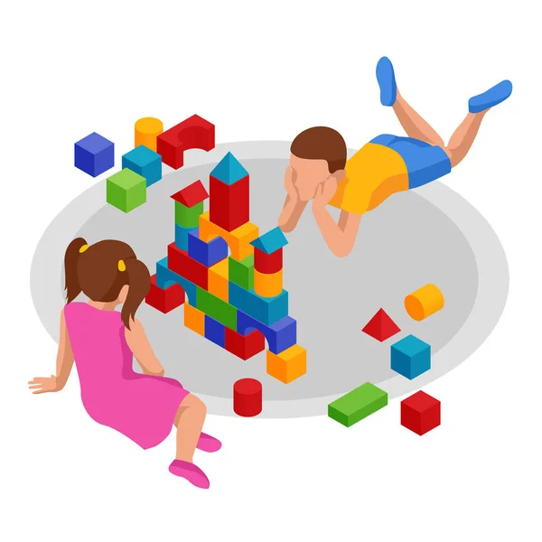 Isometric anak-anak tumpukan bangunan kubus duduk di rumah atau kamar bayi. Konstruktor kayu yang ramah lingkungan. Pengembangan anak ke prasekolah . - Stok Vektor