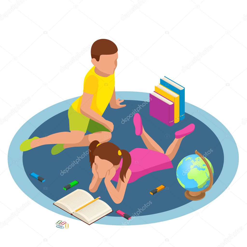 Isometric Featuring Kids Reading Books concept. Children read books at home in the nursery.