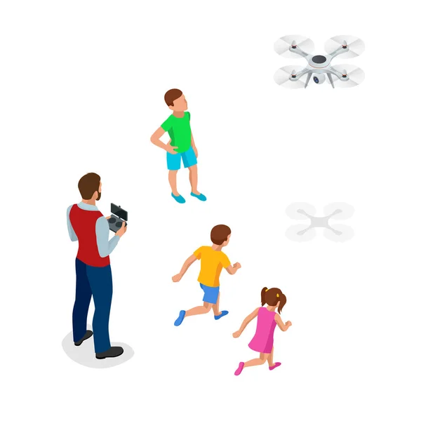 Pai isométrico com filhos lança um drone. Recreação ao ar livre Lazer para a família. Presente de aniversário . —  Vetores de Stock