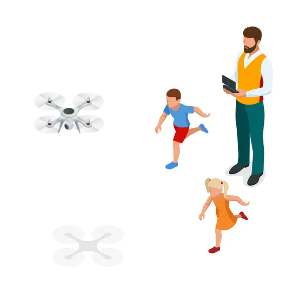 Pai isométrico com filhos lança um drone. Recreação ao ar livre Lazer para a família. Presente de aniversário . —  Vetores de Stock