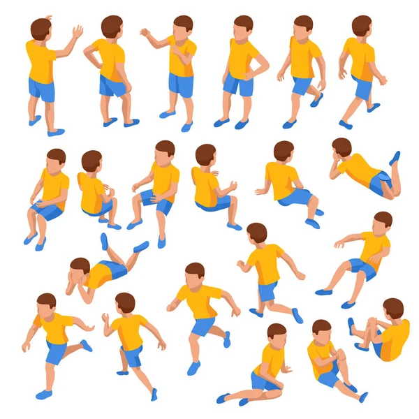 Ισομετρικό σύνολο αγοριών σε διαφορετικά ποζάρει, τρέχει, κάθεται, ψεύδεται και άλλα σε λευκό φόντο. Σετ κατασκευής ή κιτ δημιουργίας — Διανυσματικό Αρχείο