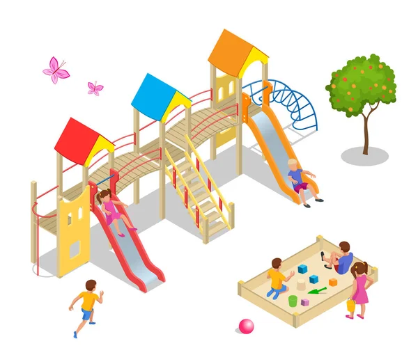 Izometryczne dzieci, chłopcy i dziewczęta grają na placu zabaw. Swing karuzela slajdów piaskownica Rocker liny drabina ławce. — Wektor stockowy