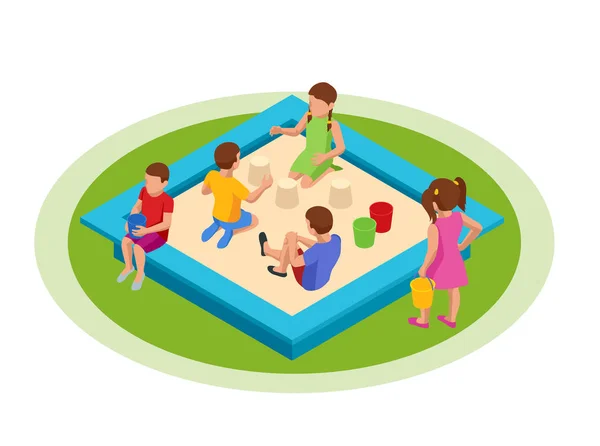 Isometrische kinderen spelen in de sandbox. Peuters baby's kinderen zitten in sandbox spelen met kunststof kleurrijke speelgoed. — Stockvector