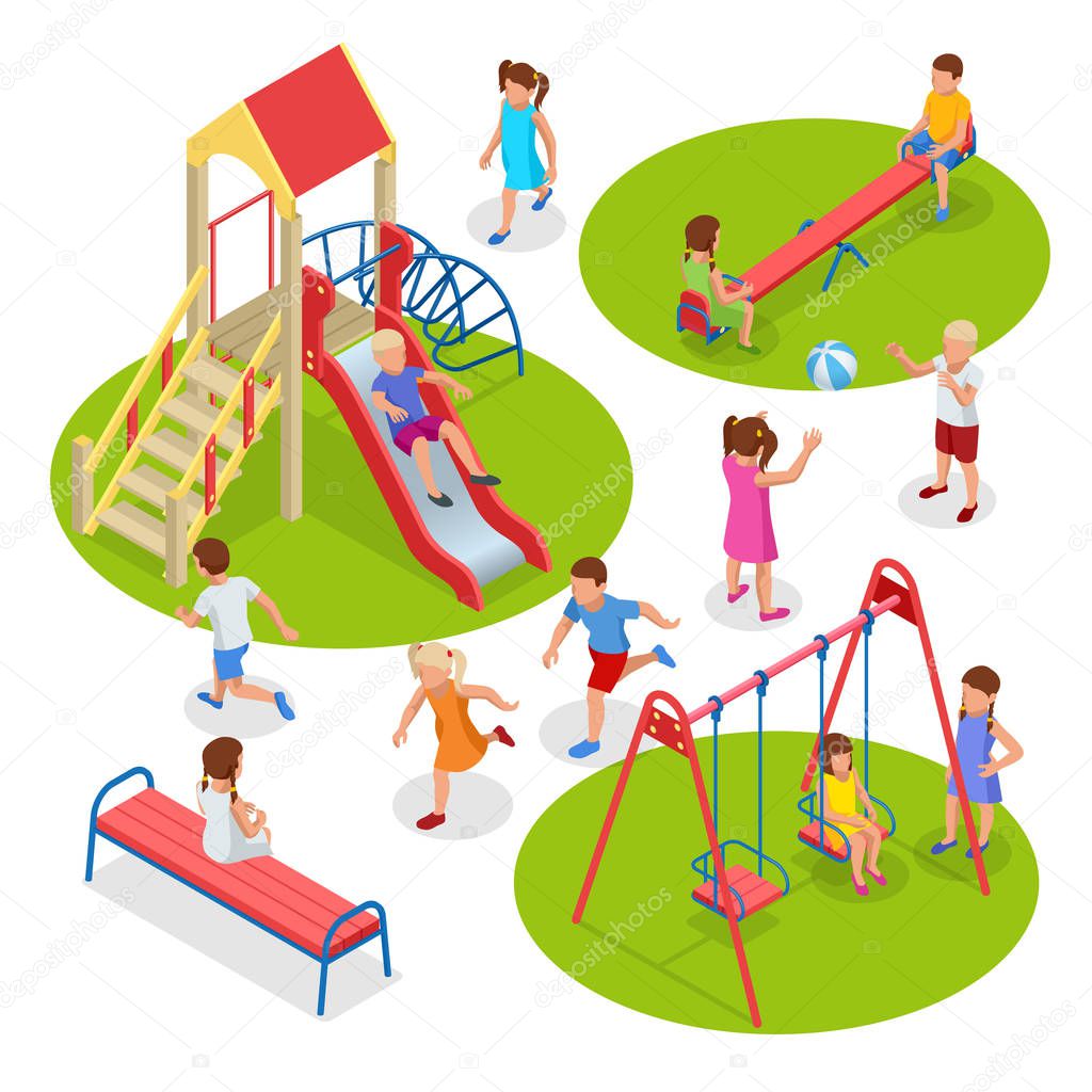 Isometric kids, boys and girls are playing on the playground. Swing carousel sandpit slide rocker rope ladder bench.