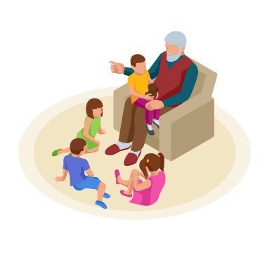 Izometrik büyükbaba çocuk odasında torunlarına masallar anlatır. Mutlu aile ve çocukluk kavramı.
