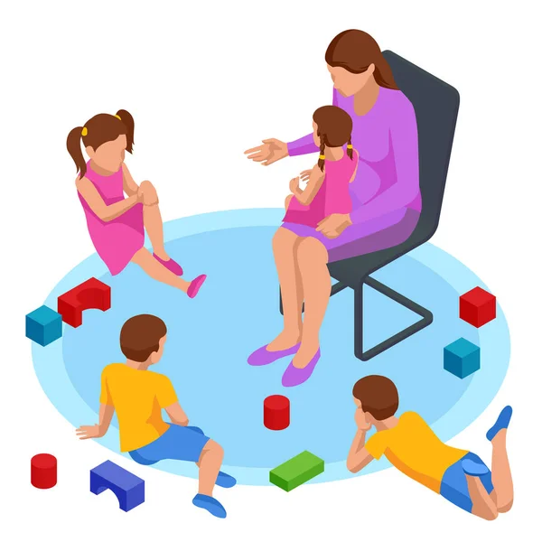 Koncepcja izometryczna Mama opowiada dzieciom opowieści w przedszkolu. Szczęśliwa rodzina i koncepcja dzieciństwa. — Wektor stockowy