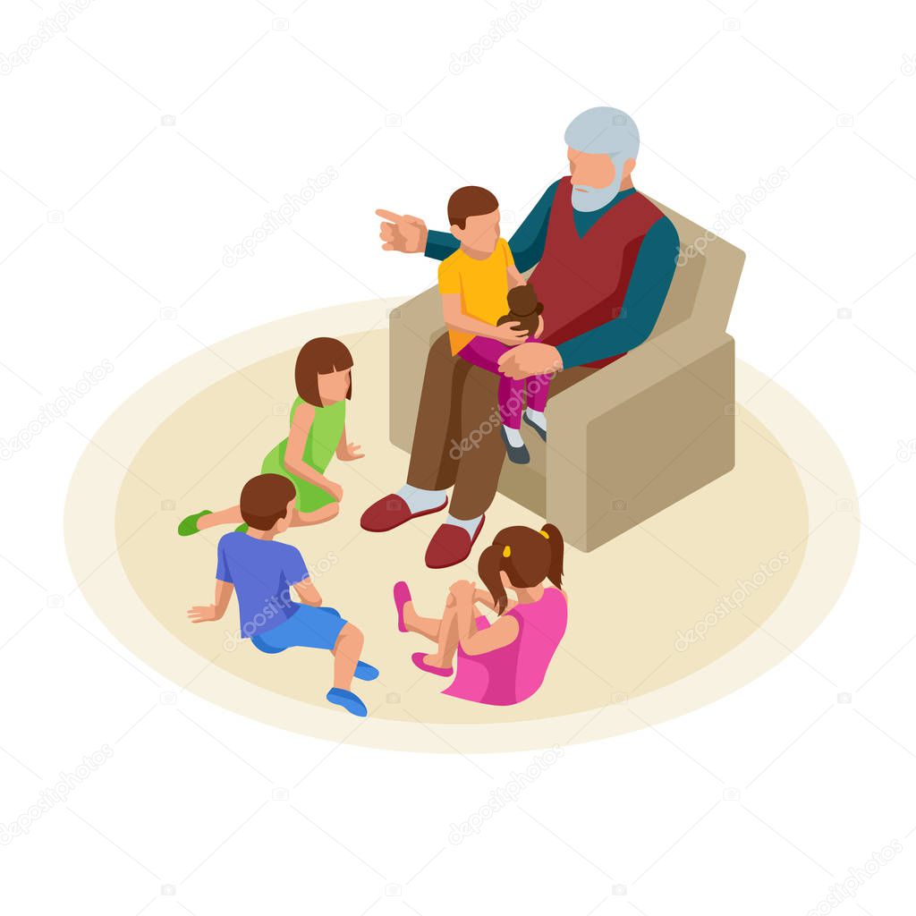 Isometric grandfather tells grandchildren tales in the nursery. Happy family and childhood concept.