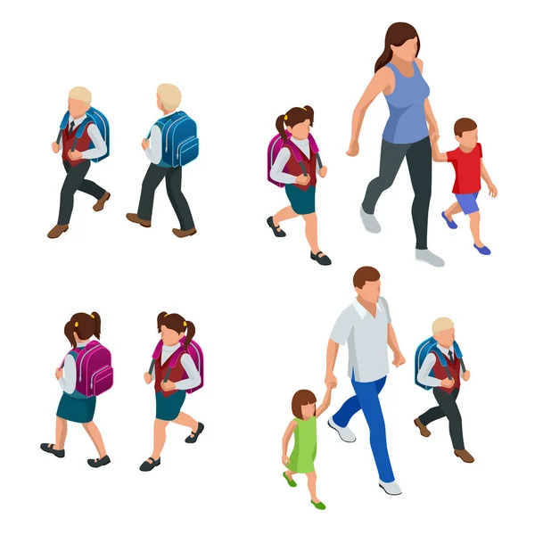 Isometrisk tillbaka till skolan. Föräldrar med sina barn skolbarn. — Stock vektor