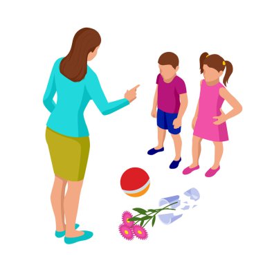 Isometric Strict mother scolds her children for a broken vase while playing football. Kids plead guilty. Misbehavior and parenting. clipart