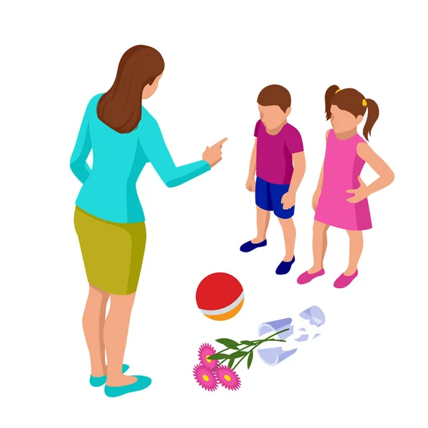 Isometrische strenge moeder berispt haar kinderen voor een gebroken vaas tijdens het spelen van voetbal. Kinderen pleiten schuldig. Wangedrag en ouderschap. — Stockvector