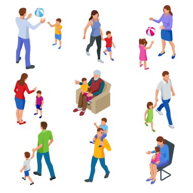 İzometrik ollection izole izole izole mutlu çocuklu geleneksel ailelerin. dedesi, Baba ve oğlu, anne ve kızı, ve hep birlikte.