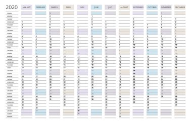 2020 yılı takvimi. Tatil etkinliği planlayıcısı. Hafta Pazar başlar. Kurumsal tasarım planlayıcısı şablonu.