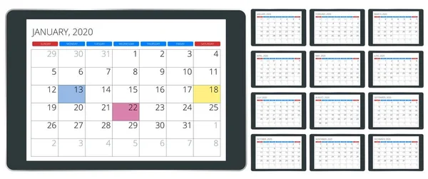 2020年カレンダー。ホリデーイベントプランナー。週は日曜日から始まります。企業設計プランナーテンプレート. — ストックベクタ