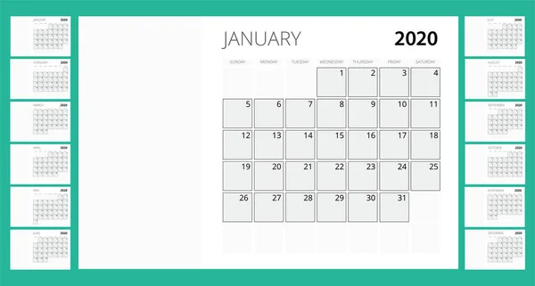 Calendario del año 2020. Planificador de eventos vacacionales. La semana empieza el domingo. plantilla de planificador de diseño corporativo . — Vector de stock