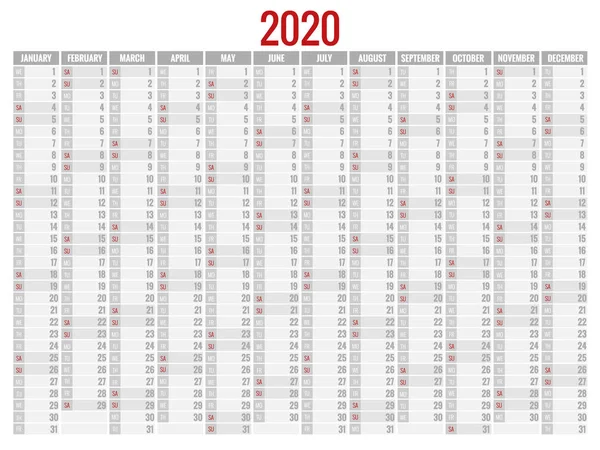 Календар 2020 року. Планувальник свят. Тиждень починається неділя. Шаблон планування корпоративного дизайну . — стоковий вектор