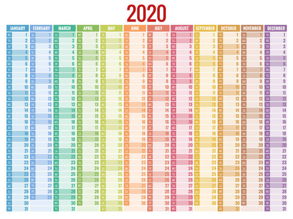 2020 year calendar. Holiday event planner. Week Starts Sunday. Corporate design planner template.