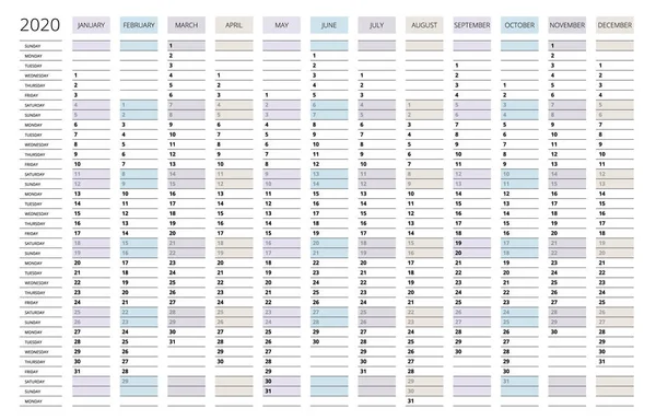 Calendário de 2020 anos. Planeador de eventos de férias. A semana começa no domingo. Modelo de planejador de design corporativo . — Vetor de Stock