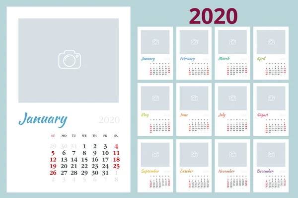 Calendario del año 2020. Planificador de eventos vacacionales. La semana empieza el domingo. plantilla de planificador de diseño corporativo . — Vector de stock