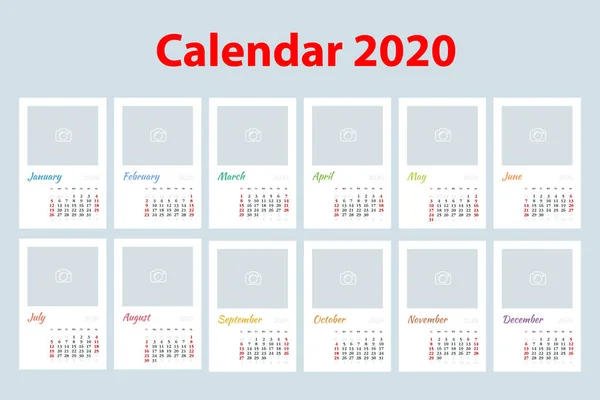 Calendario del año 2020. Planificador de eventos vacacionales. La semana empieza el domingo. plantilla de planificador de diseño corporativo . — Vector de stock