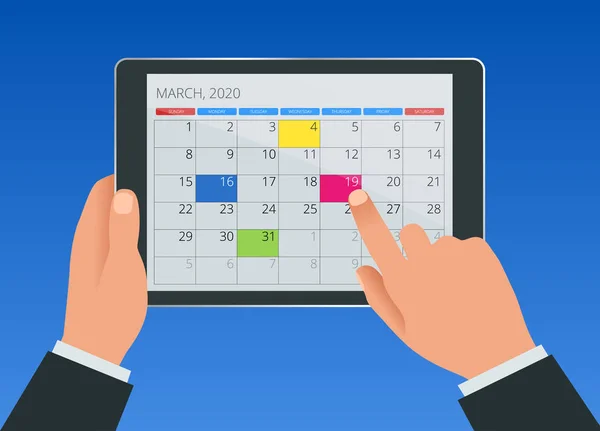 Mano femenina plana con una tableta con un calendario, planes de un mes. Icono del calendario, horario, aplicación de planificación en la pantalla de la tableta . — Vector de stock