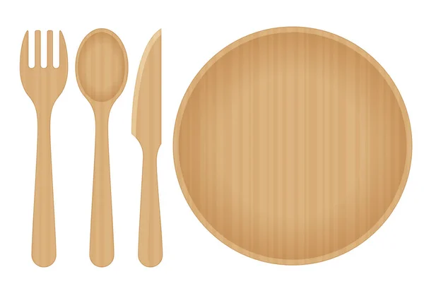 Artículos para el hogar sostenibles y vajilla ecológica. Cucharas de bambú, tenedor, cuchillos y placa aislados sobre un fondo blanco. Reciclaje . — Vector de stock