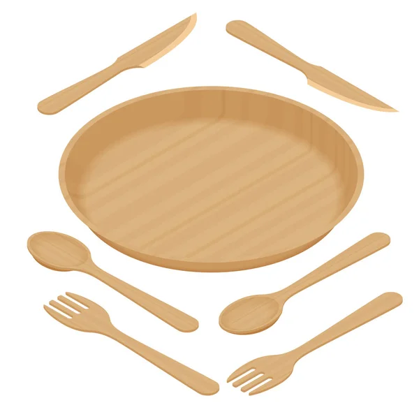 Artículos para el hogar sostenibles y vajilla ecológica. Cucharas de bambú isométricas, tenedor, cuchillos, placa aislada sobre un fondo blanco. Reciclaje . — Vector de stock